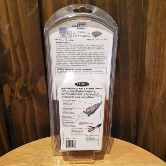 BELKIN PRO 6' / 1.8M USB 2 HI SPEED A/B PLUG 480 MBPS USB CABLE MOD # F3U133-06 - Picture 3 of 7